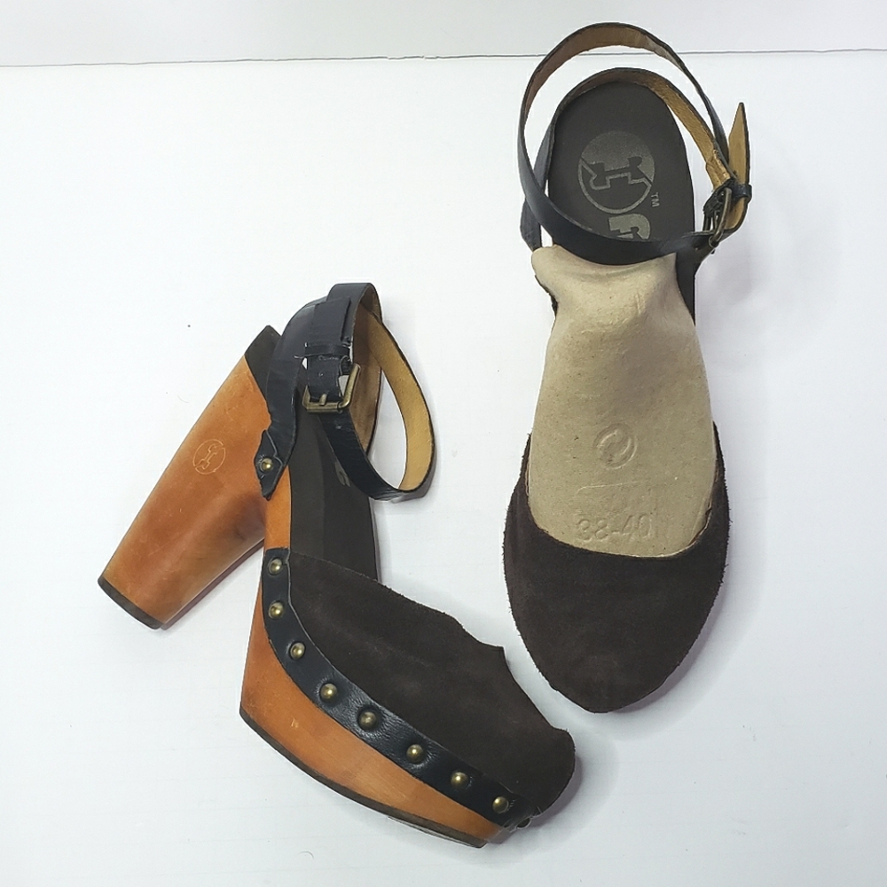 Flogg Darcie Brown Suede Leather Platform Ankle Strap Wood Clog Heels 7.5